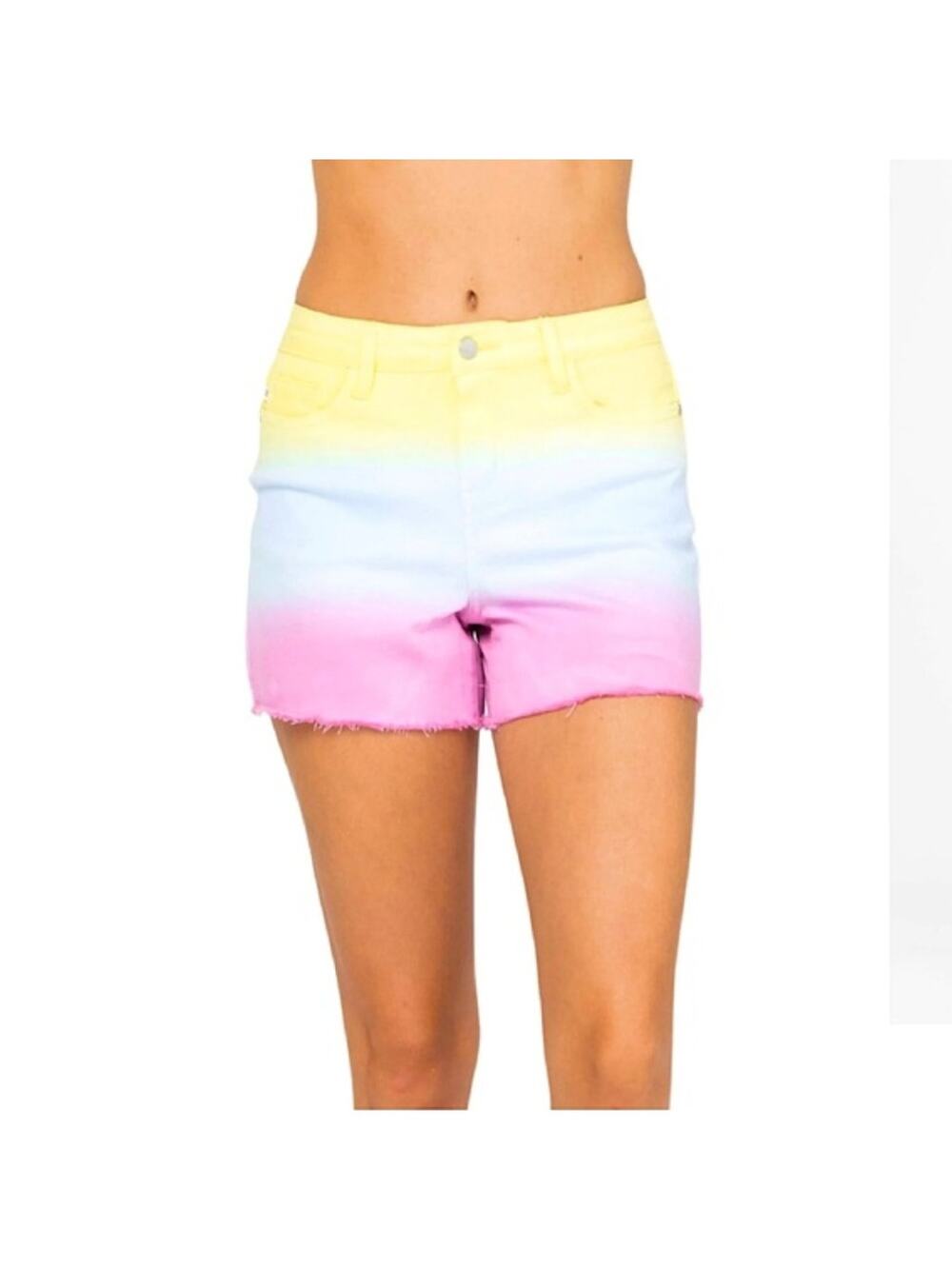 Judy Blue Ombre Cut Off Denim Shorts Women's Large Pink Blue Yellow Dip Tie Dye